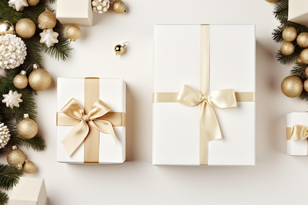 위에서 볼 수 있는 모의 템플릿 디자인을 위한 소나무가 있는 크리스마스 선물 상자 컬렉션 및 라이