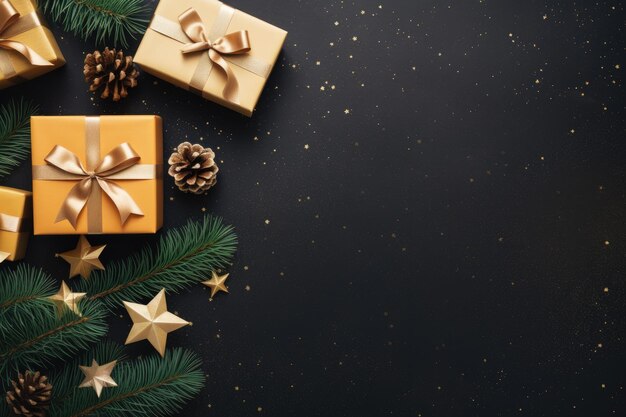 위에서 볼 수 있는 모의 템플릿 디자인을 위한 소나무가 있는 크리스마스 선물 상자 컬렉션 및 라이