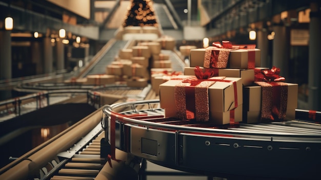 Christmas gift boxes on conveyor rollers ready to be shipped