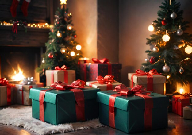 Christmas Gift Boxes In A Cozy DimlyLit Room