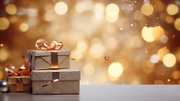 Christmas gift boxes filled on blurred bokeh festive background banner
