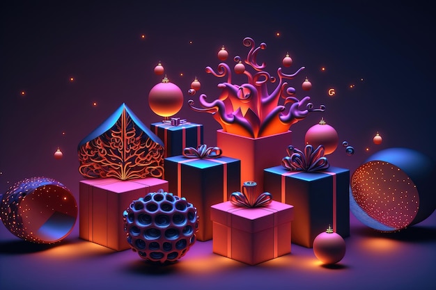 Christmas gift boxes neon light and color Abstract Christmas decorations balls garlands bright colors decor 3d render