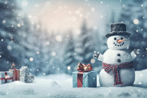 Christmas gift boxes on snow with snowman Generative AI