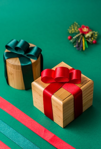 christmas gift boxes and various backgrounds made of wood with christmas and new year motifs