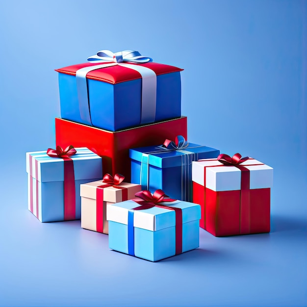 Christmas gift boxes in a white and red color on a blue background Shopping holiday concept