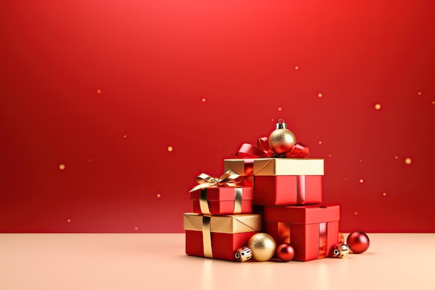 Рождественские подарочные коробки с безделушками на красном фоне