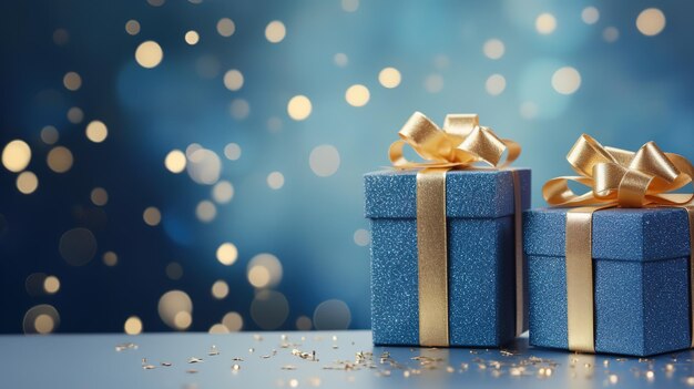 Christmas gift boxes with gold bow on blue defocused holiday background