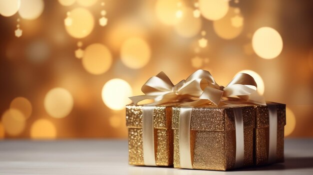 Christmas gift boxes with gold bow on defocused holiday