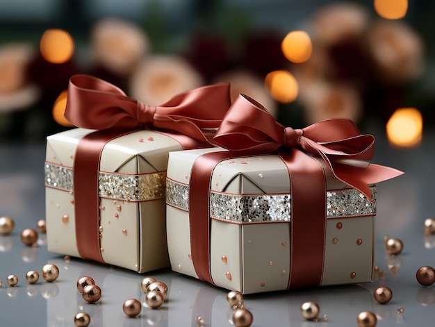 Christmas gift boxes with a red ribbon and a bow