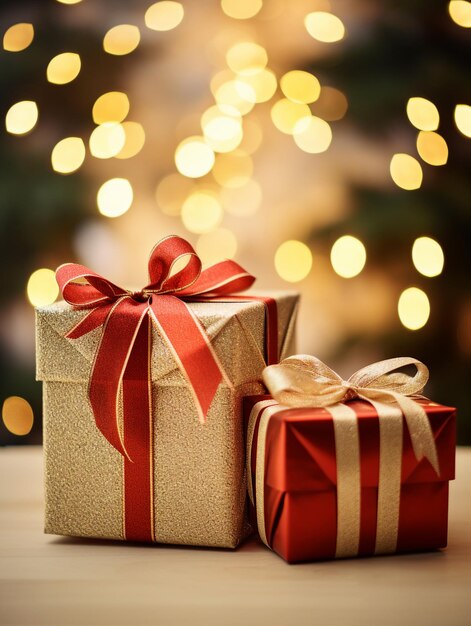 Christmas gift boxes with red ribbons on bokeh background