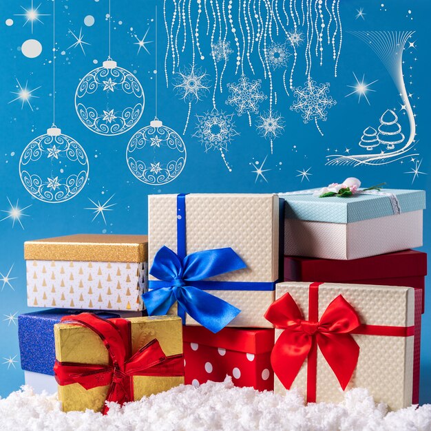 Christmas gift boxes with snow