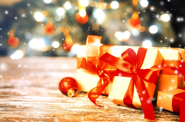 Christmas Gift boxes on wooden table.