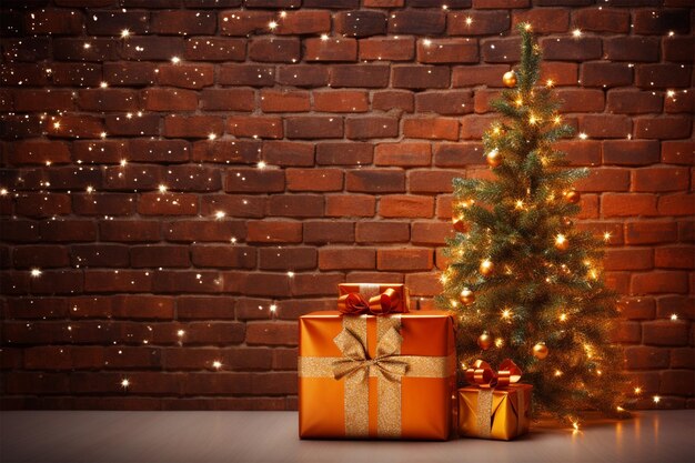 christmas gift and christmas tree with light and orange brick wall background