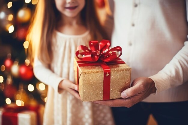 祖父から孫娘へのクリスマスプレゼント クローズアップの手で