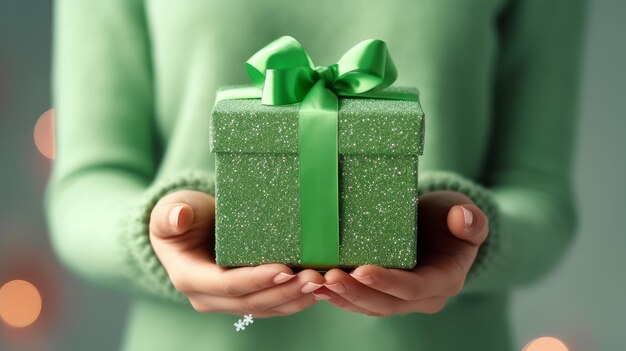 クリスマスのプレゼントは緑の箱で柔らかい女性の手でボケの明るい新年の背景で