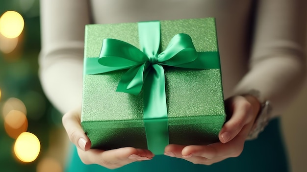 Christmas gift in a green box in gentle female hands on a light New Year's background with bokeh an