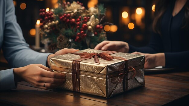 Christmas gift hand with a present box