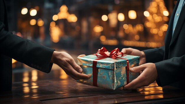 Christmas gift hand with a present box