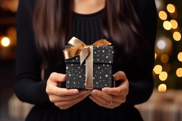 Christmas gift in the hands of a woman indoor Generative AI