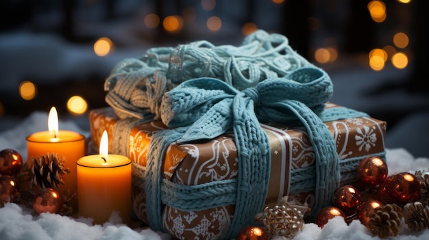 Рождественский подарок завернут в вязанный свитер