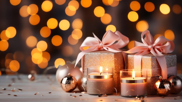 Идея макета рождественского подарка, но фон из горящих свечей в ночь перед Рождеством, идея для открытки