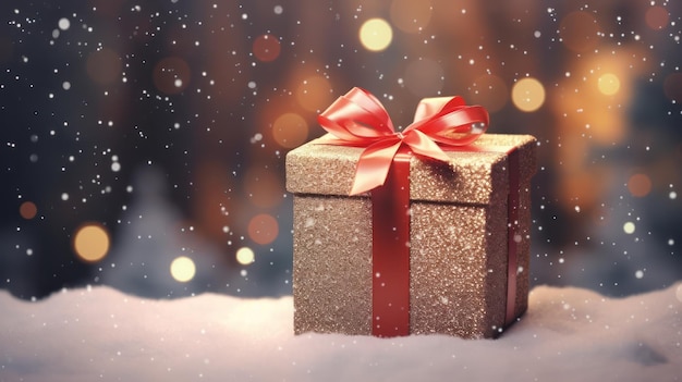 크리스마스 선물 또는 선물 상자 눈 인 소나무와 보케 배경에 대한 휴일 장식