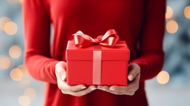 Christmas gift in a red box in gentle female hands on a light New Year's background with bokeh and