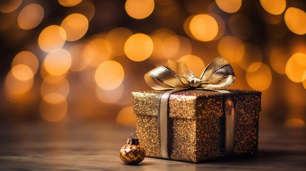 Christmas gift in soft bokeh copy space beside a tree decorated with decorations