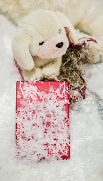 Christmas gift on white snow, ornamental studio shot