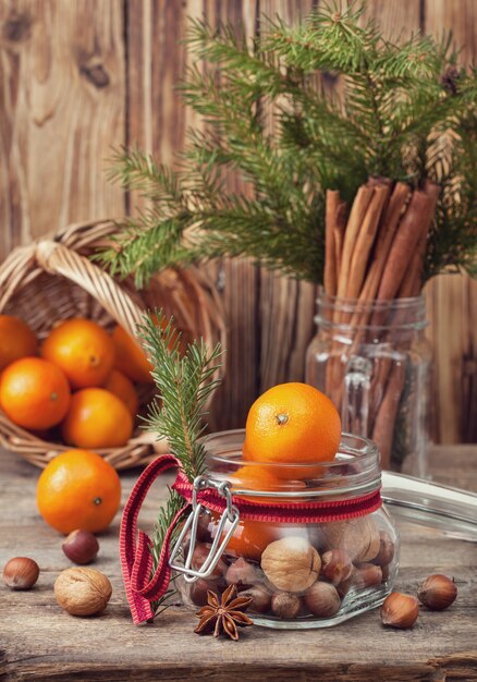 Christmas gift with nuts and tangerines