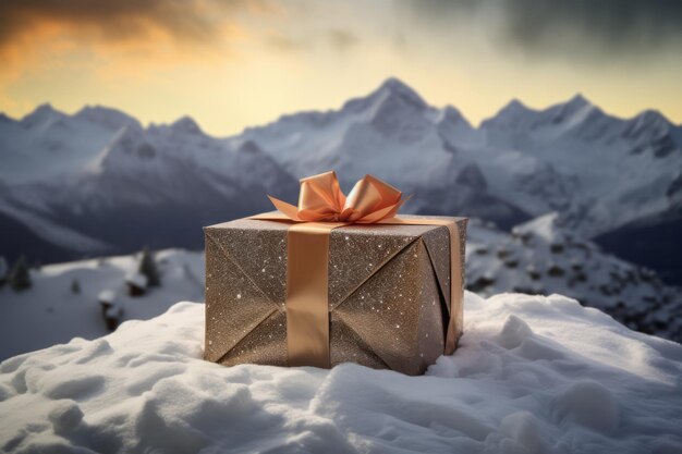 Christmas gift with snowy mountains