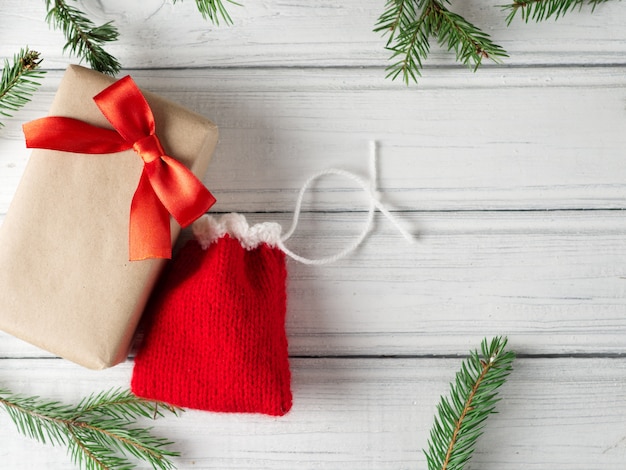 Christmas gift on wooden background