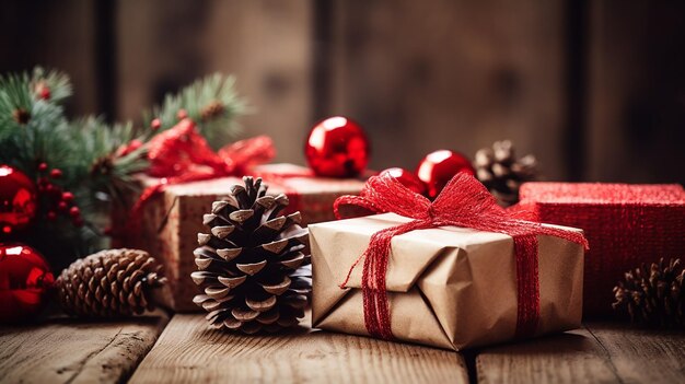 Foto un regalo di natale avvolto in regali con un arco rosso sopra