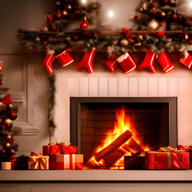 Фото Рождественские подарки и украшения деревьев вблизи с ярким освещением возле камина