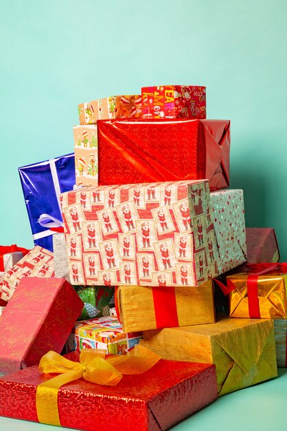 Christmas gifts box lie on blue background