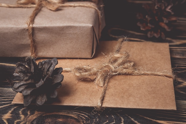 Christmas gifts box presents on brown