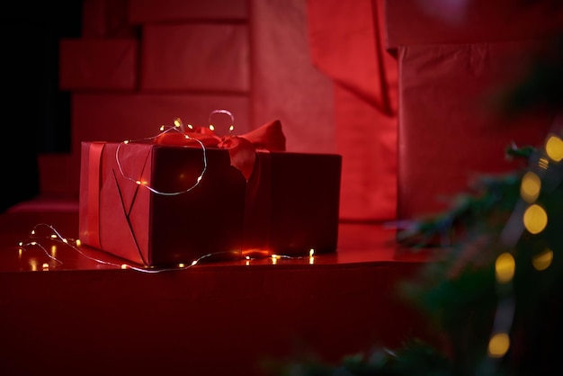 Christmas gifts box on red background