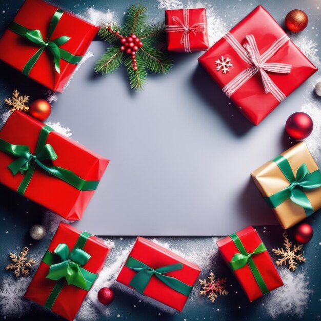 Christmas Gifts box on a snowy background A bokeh background effect