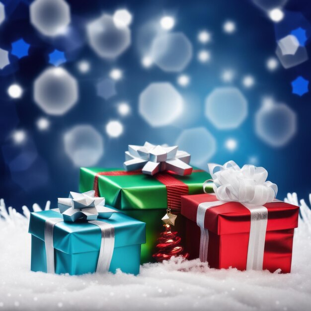 Рождественская коробка с подарками на снежном фоне Эффект фона боке