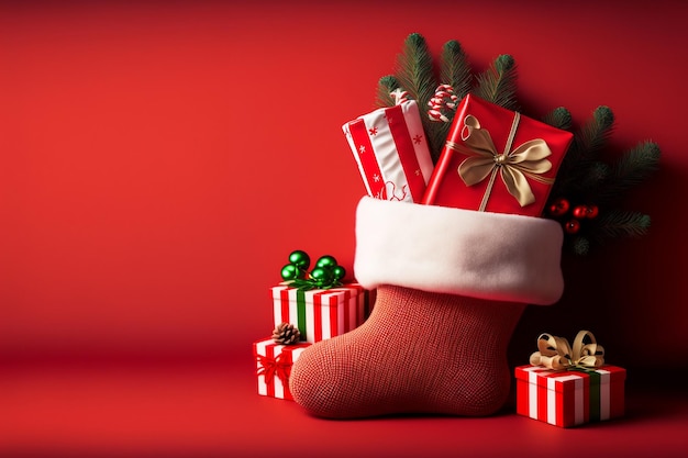 Christmas gifts in christmas stocking on red background 3D illustration