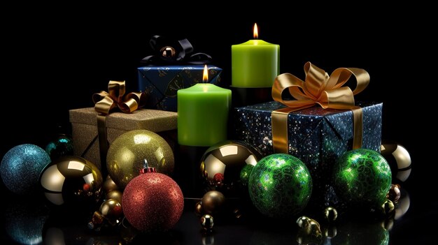 Рождественские подарки елка свечи цветной декор звезды шары на черном фоне