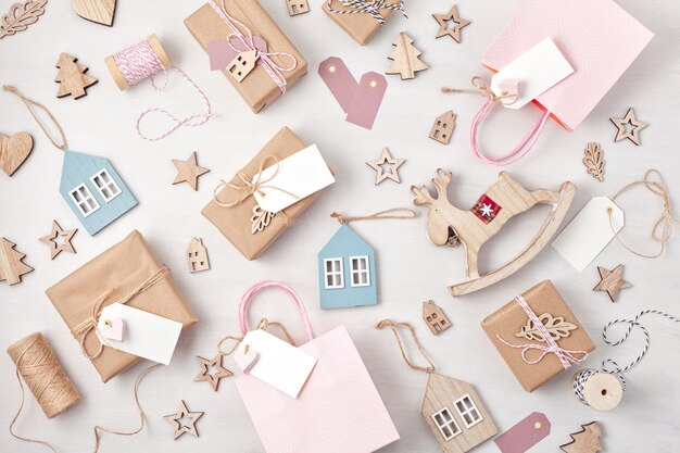 Photo christmas gifts and decoration in pastel colors