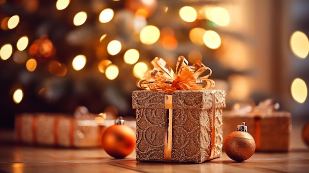 Christmas gifts and decoration on table against blurred background
