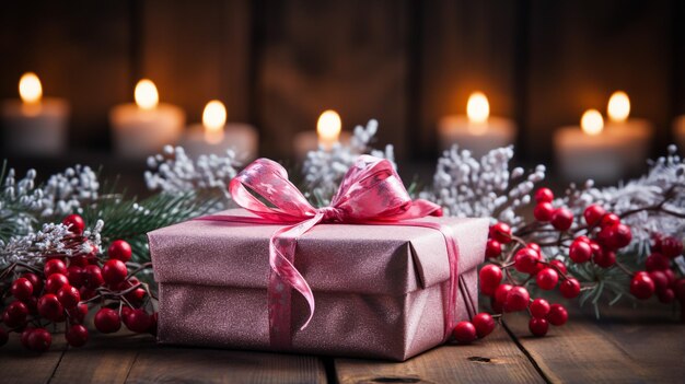 Рождественские подарки и украшения на столе на размытом фоне