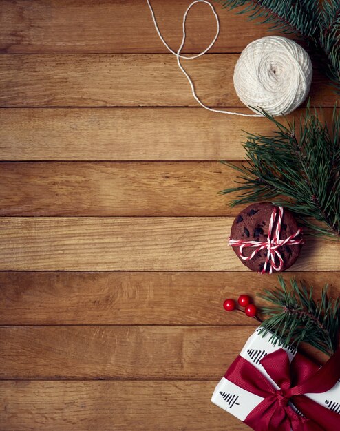 Christmas gifts and decorations on a wooden table