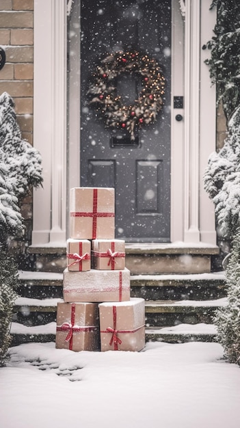クリスマスプレゼント配達 郵便サービス 休日プレゼント オンラインショッピング 包装された荷物箱 カントリーハウスの玄関口で 雪が降る冬に