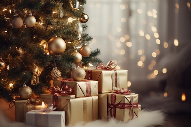 Рождественские подарки, счастливые праздники и праздники, упакованные подарочные коробки, подарки и украшенные Chr