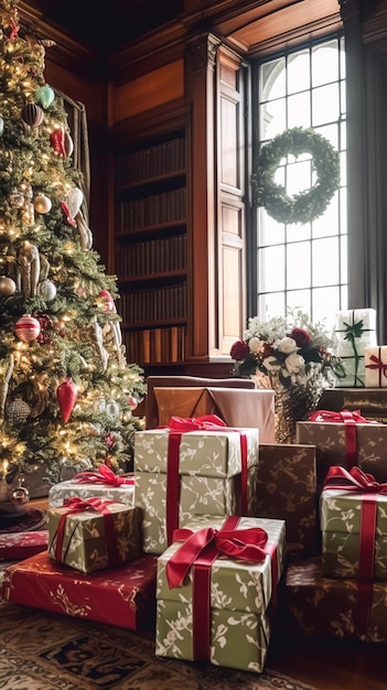 Рождественские подарки, счастливых праздников и праздничного празднования, завернутые подарочные коробки, подарки и украшенная рождественская елка, генеративный искусственный интеллект