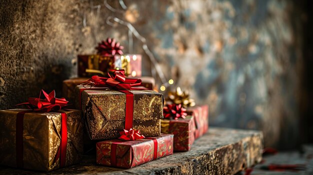 Christmas gifts on the old wooden background Selective focus Holiday