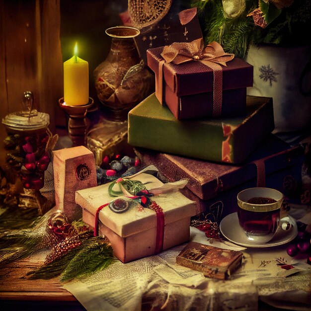 Фото Рождественские подарки на праздничном фоне коробки с подарками на столе новогодняя атмосфера